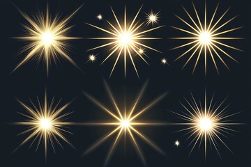 Set of shining starburst effects on dark background, perfect for graphic design.