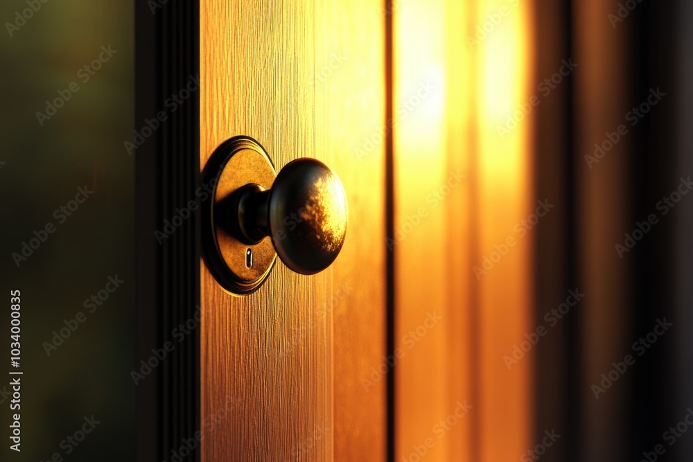 Poster a close-up view of a door handle on a wooden door, suitable for use in interior design or furniture-