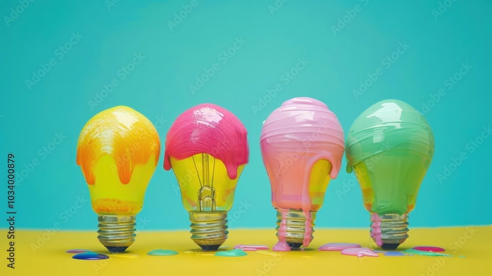 Canvas Prints Brightly colored light bulbs resembling ice cream cones create playful and whimsical scene. vibrant hues of yellow, pink, and green evoke sense of joy and creativity