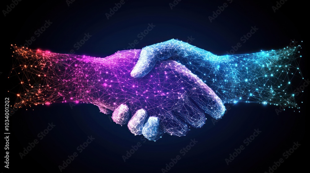 Poster abstract digital handshake with glowing lines and dots