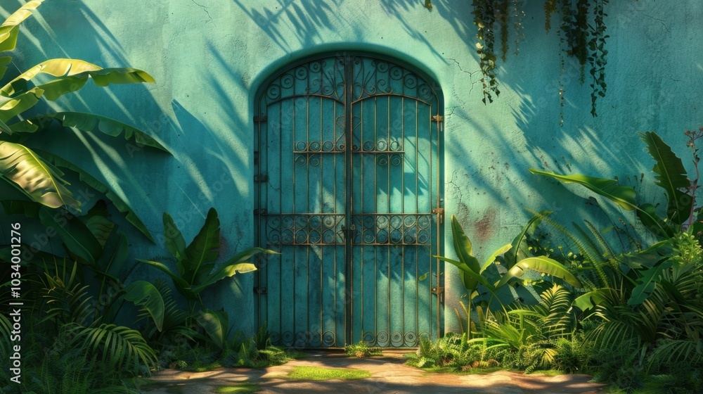 Sticker vibrant turquoise door framed by lush green foliage creates serene and inviting atmosphere. interplay of light and shadows enhances beauty of this tropical setting