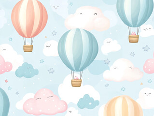 Cute hot air balloon seamless pattern, light color background with clouds and balloons.  