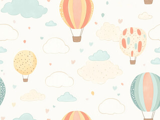 Cute hot air balloon seamless pattern, light color background with clouds and balloons.  