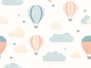 Obraz premium Cute hot air balloon seamless pattern, light color background with clouds and balloons. 