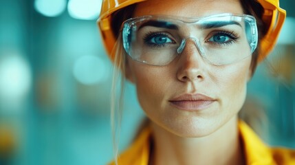 A focused female construction worker wearing a safety helmet and goggles, embodying strength, precision, and commitment, poised to take on challenges.