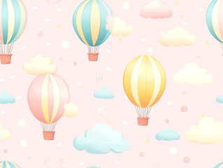 Naklejka premium Cute hot air balloon seamless pattern, light color background with clouds and balloons. 