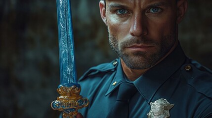 Police officer holding toy sword.