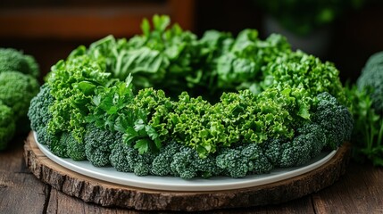 A decorative platter of fresh, vibrant green vegetables.