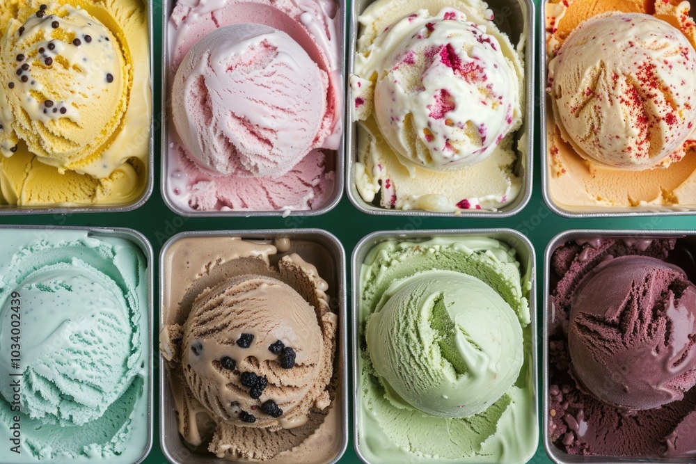 Poster assorted ice cream flavors in tins arranged on a table
