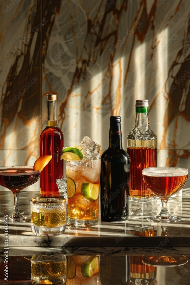 Aufkleber a selection of various cocktails and drinks placed on a table, ideal for use in beverage or party-re