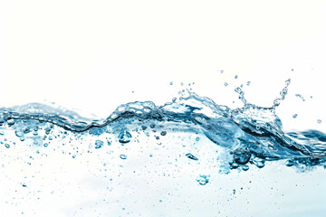 Water splash on a white background, a simple water wave line with bubbles, in blue color, isolated, in a flat lay composition,