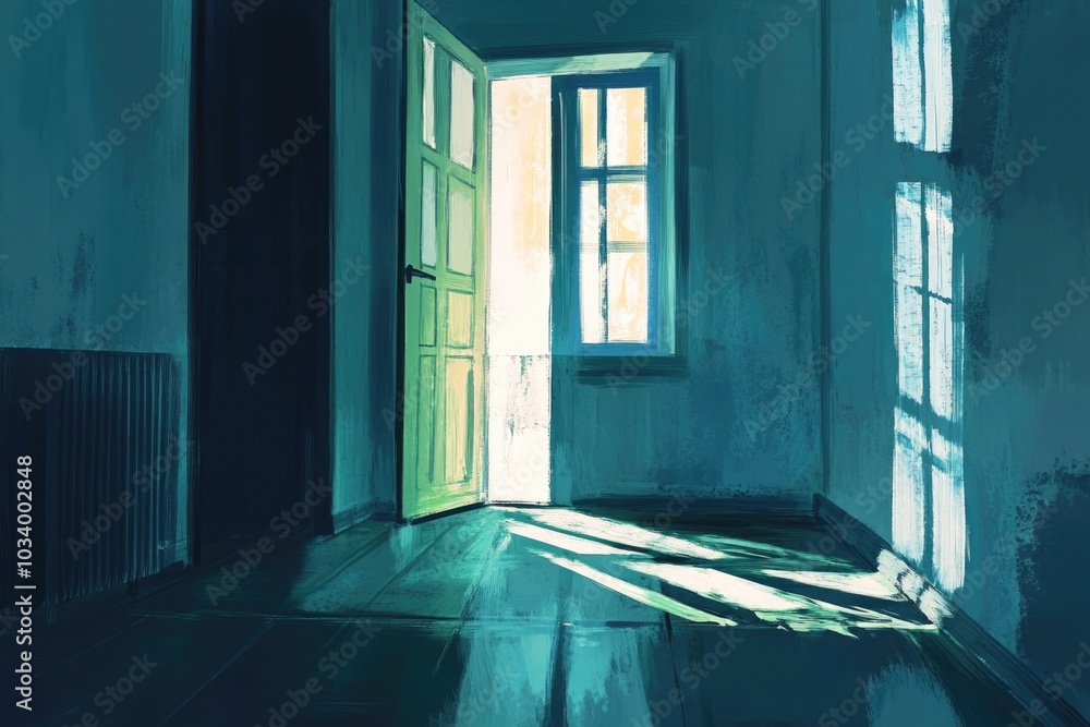 Poster a painted representation of an open door in a room