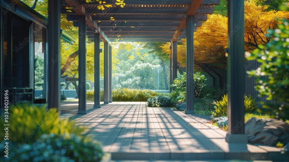 Poster a serene park scene featuring a walkway lined with trees and lush greenery