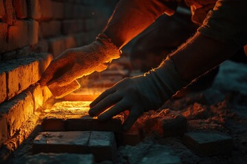 A person laying bricks to build an outdoor oven