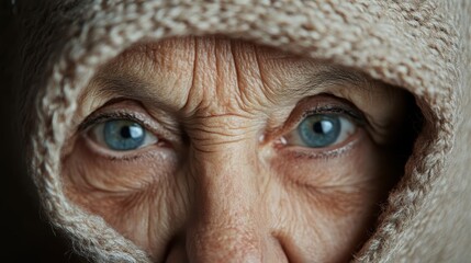 Focused gaze of an elderly person with piercing blue eyes, surrounded by a warm scarf, representing wisdom, depth, and the enduring journey of human life.