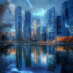 Fototapeta premium Riverfront cityscape with towering skyscrapers
