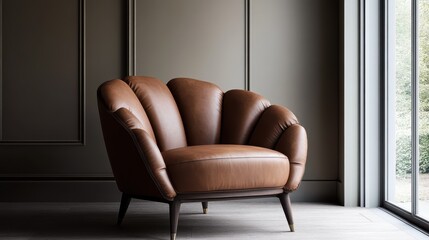 This luxurious brown leather chair sits in a modern interior space, offering a blend of classic design and contemporary elegance, ideal for plush living spaces.