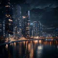 Fototapeta premium City with towering buildings by a river