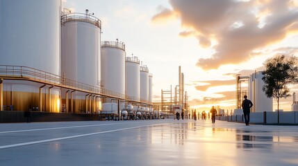 Fototapeta premium Industrial complex at sunset with worker silhouetted.