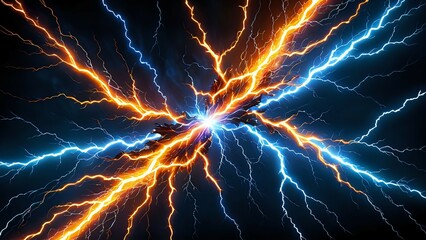 Abstract glowing lightning bolts in orange and blue colliding in the darkness.