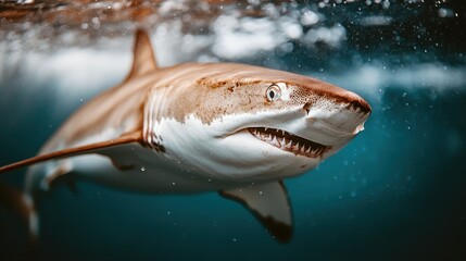 Naklejka premium A close-up view of a shark swimming underwater, showcasing its sharp teeth and intense gaze, highlighting the beauty and power of marine predators.