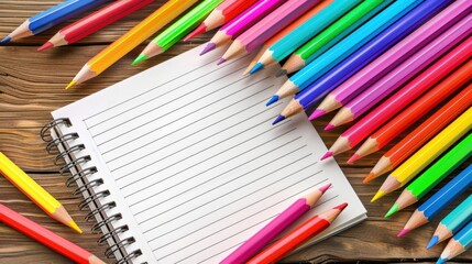 Obraz premium Colorful pencils surround blank notepad on wooden surface, inviting creativity and artistic expression. vibrant hues of pencils create cheerful atmosphere, perfect for drawing or writing