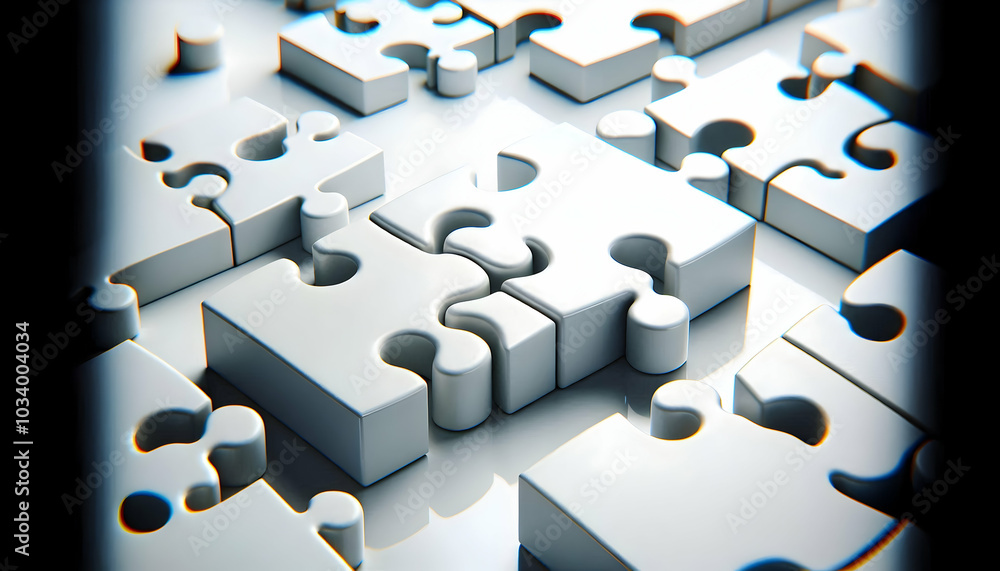 Poster 3d plain puzzle pieces on glossy white surface with copy space: symbolizing problem solving and coll