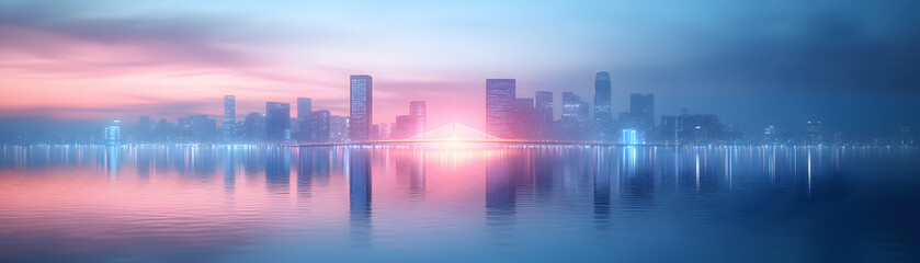 Floating Bridge Connecting Profit and Community: Tracking Shot of Abstract Glowing Bridge Between Two Floating Islands Representing Skyscrapers and Neighborhoods Emphasizing ESG Values in Photo Stock 