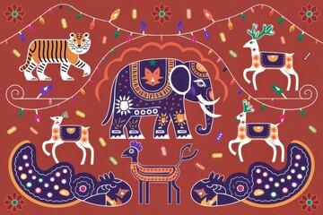 Vibrant Indian Festival Illustration Featuring Elephant Tiger Colorful Lights - Perfect Diwali Promotions, Cultural Celebrations, Festive Decor