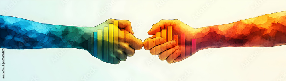 Poster handshake forming a bar graph concept - vector illustration of two hands shaking with arms transform