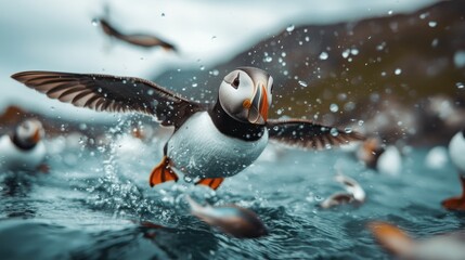 Dynamic puffin scene captures several birds energetically flapping over water, with droplets caught mid-air, reflecting exuberance and the thrill of nature’s vitality.