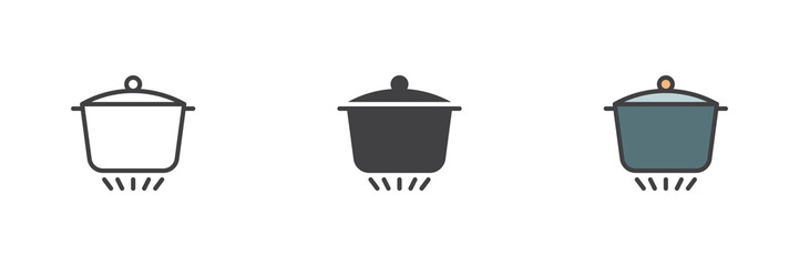 Cooking pan on gas stove different style icon set