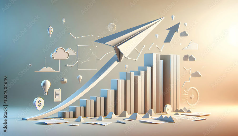 Poster 3d paper airplane animation rising with arrow trajectory on gradient background for growth concept �