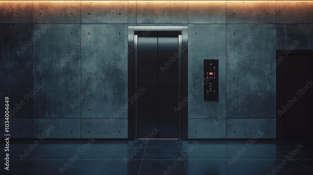 Aufkleber An elevator inside a modern concrete building with a clock on the wall, perfect for use in architecture or urban planning designs