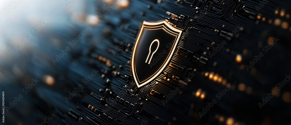 Aufkleber a glowing shield icon symbolizing cybersecurity against a dark, digital background filled with glowi