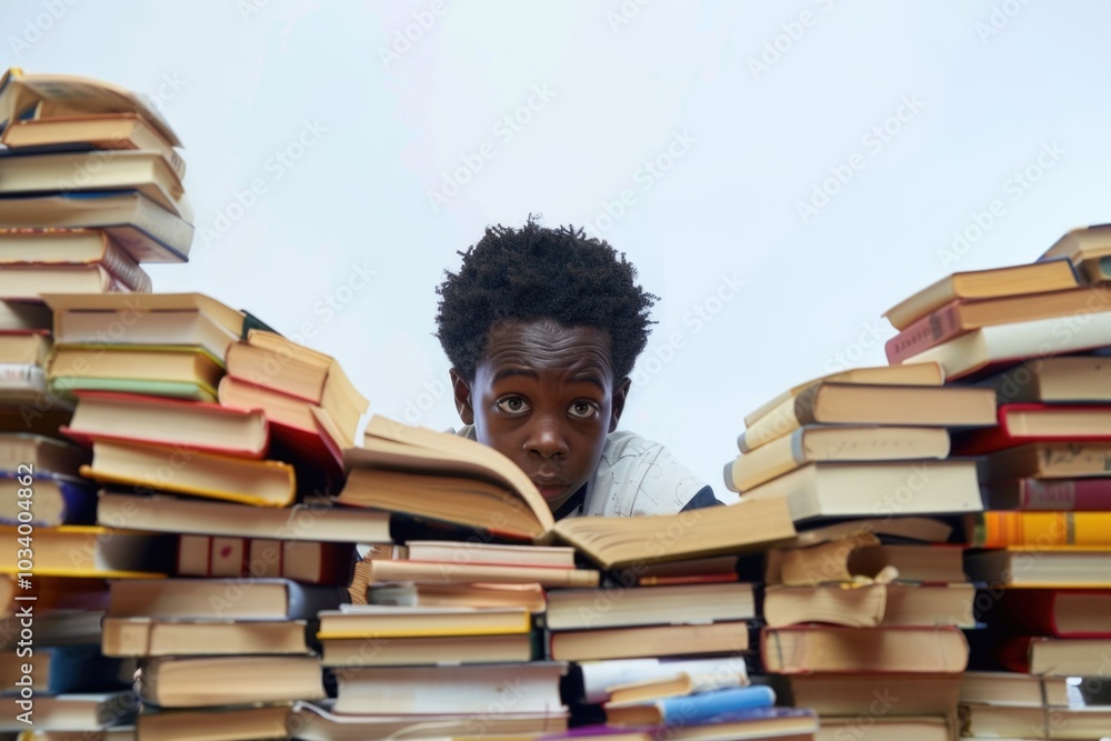 Aufkleber a person looking at books from behind a stack, useful for educational or reading-themed concepts