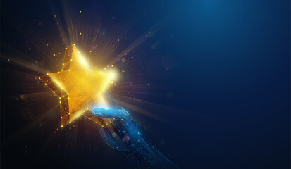 Abstract illustration of low poly gold star rating in hand. Blue geometric background depicting customer feedback or award for excellent service concept by wireframe connection structure