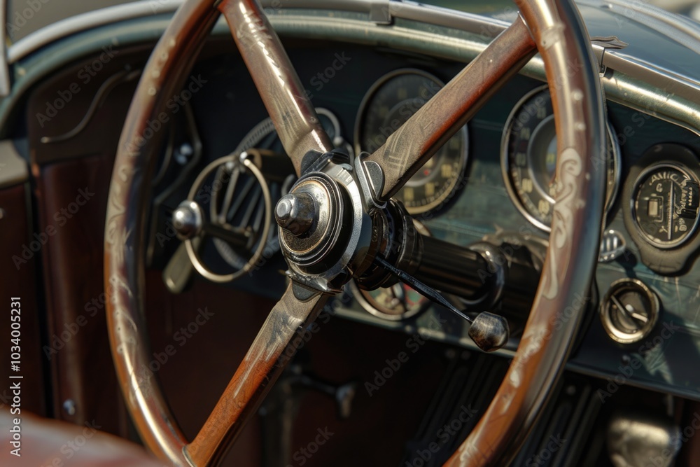 Poster a close-up shot of a car's steering wheel, perfect for use in automotive or transportation-related c