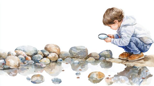 Naklejki A curious child examines rocks by a reflective pond, fostering a love for nature and discovery in a serene outdoor setting.