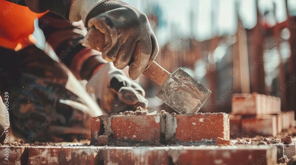 Poster A person constructing a brick wall using a hammer, straightforward and informative
