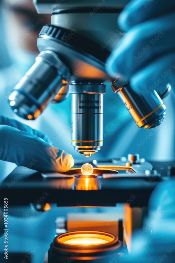 Poster a person uses a microscope to examine a small sample