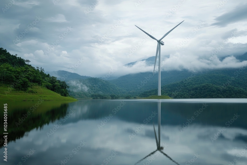Poster a wind turbine located at the edge of a serene lake, suitable for use in environmental or industrial