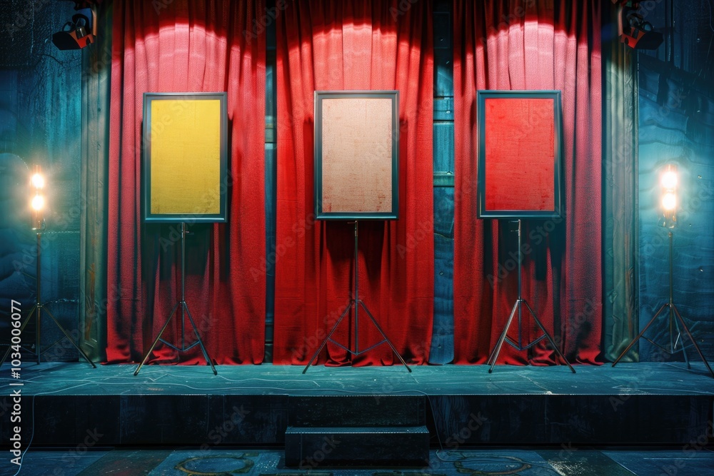 Poster A stage set up with a bright red curtain and two empty picture frames