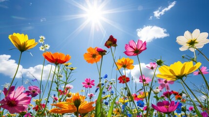 Obraz premium Bright and colorful wildflowers bloom under sunny sky, creating vibrant and cheerful atmosphere. scene captures beauty of nature with variety of flowers swaying gently in breeze
