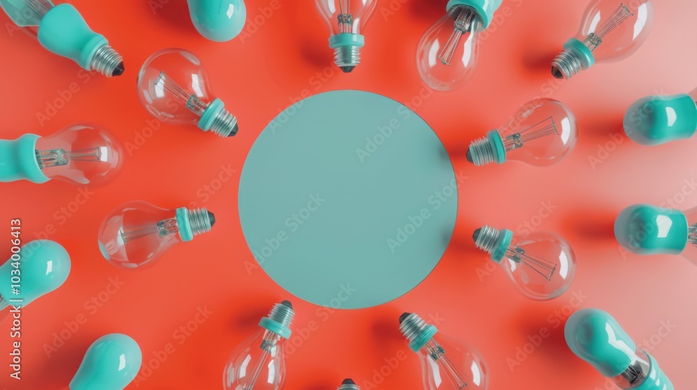 Poster bright and colorful light bulbs arranged in circular pattern on vibrant red background, creating str
