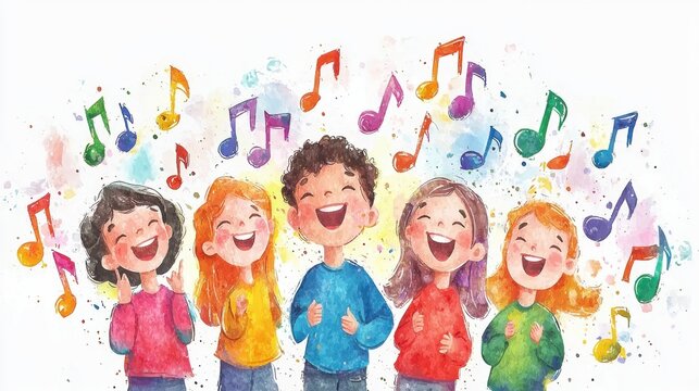 A joyful group of children singing together, surrounded by colorful musical notes, capturing the essence of happiness and creativity.
