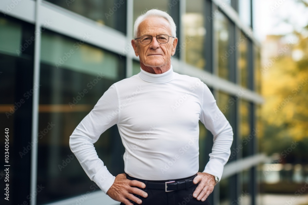 Poster Portrait of a content man in his 80s showing off a lightweight base layer over sophisticated corporate office background