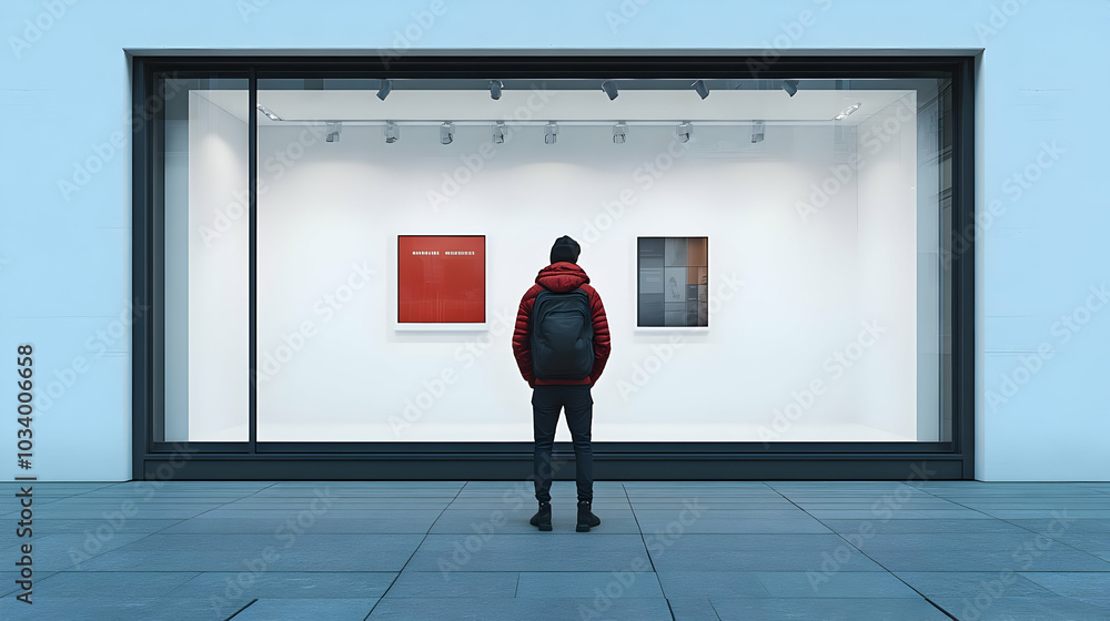 Poster 3D Candid Shop Window Browsing Concept: A Person Peering into a Display with White Background � Curiosity and Buying Decision � Isolated Icon Design