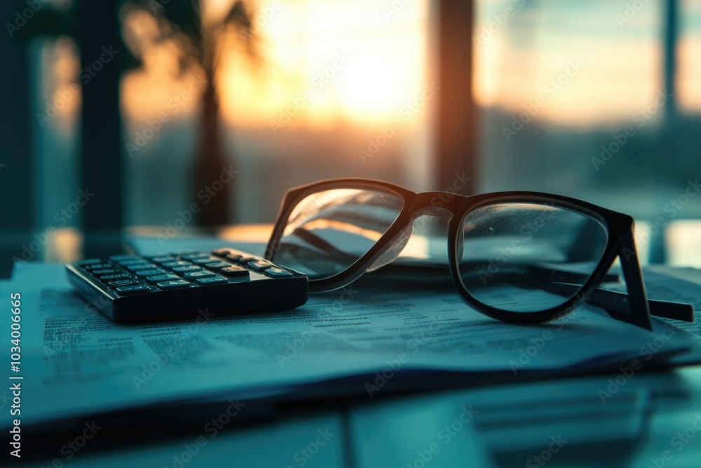Poster a pair of glasses and a calculator on a desk