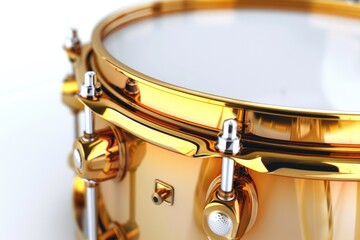 A close-up shot of a golden drum on a white surface